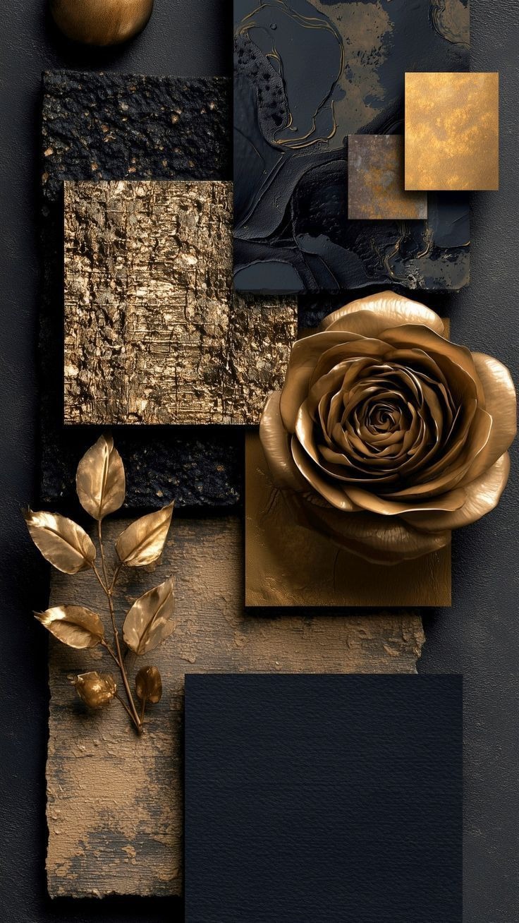 Dark gold and graphite interior material mood board reference