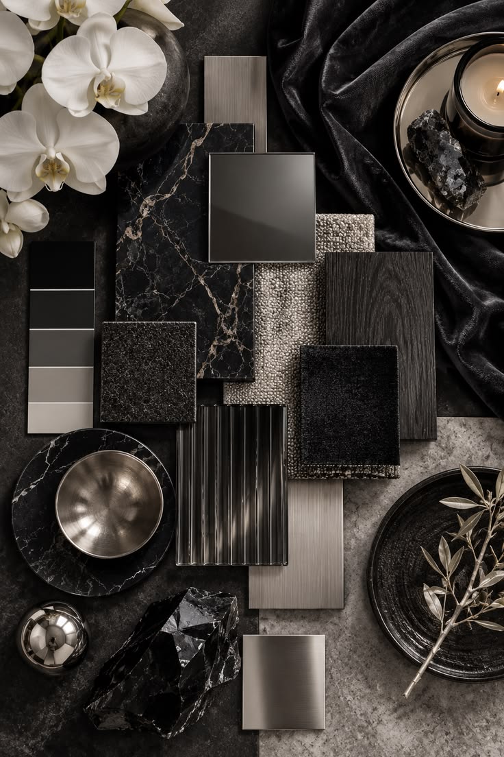 Dark stone, timber and tactile material composition