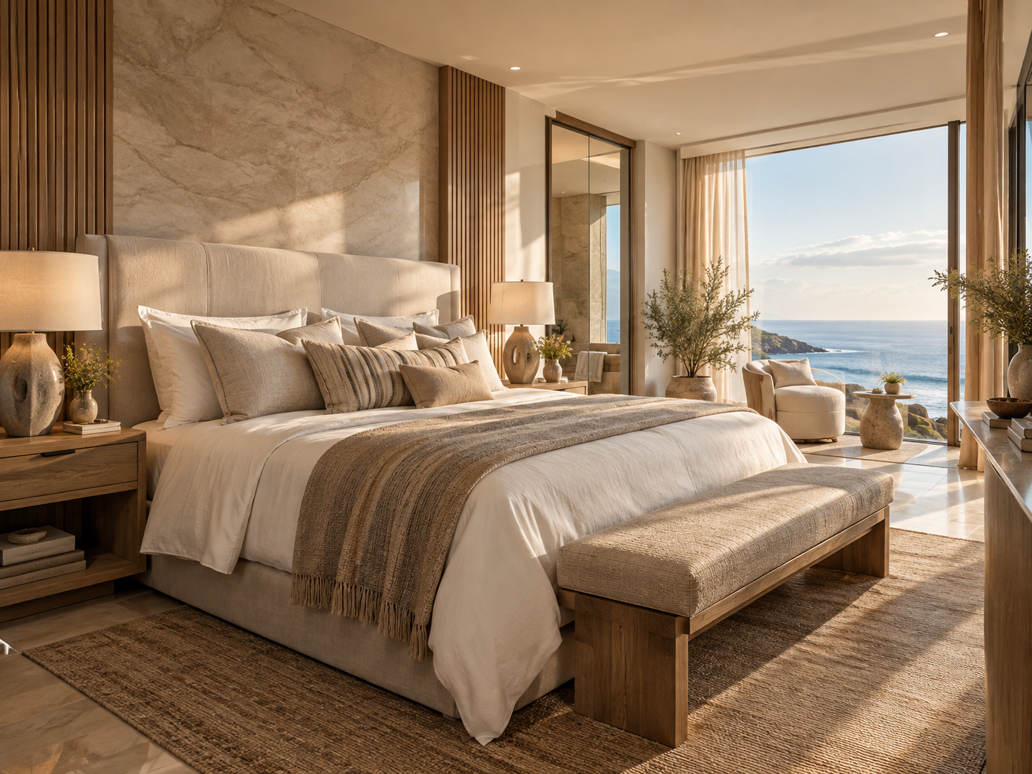 Luxury coastal bedroom sanctuary with king bed, layered ivory linen, oak detailing and ocean views