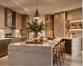 Coastal-inspired interior with natural oak and stone finishes