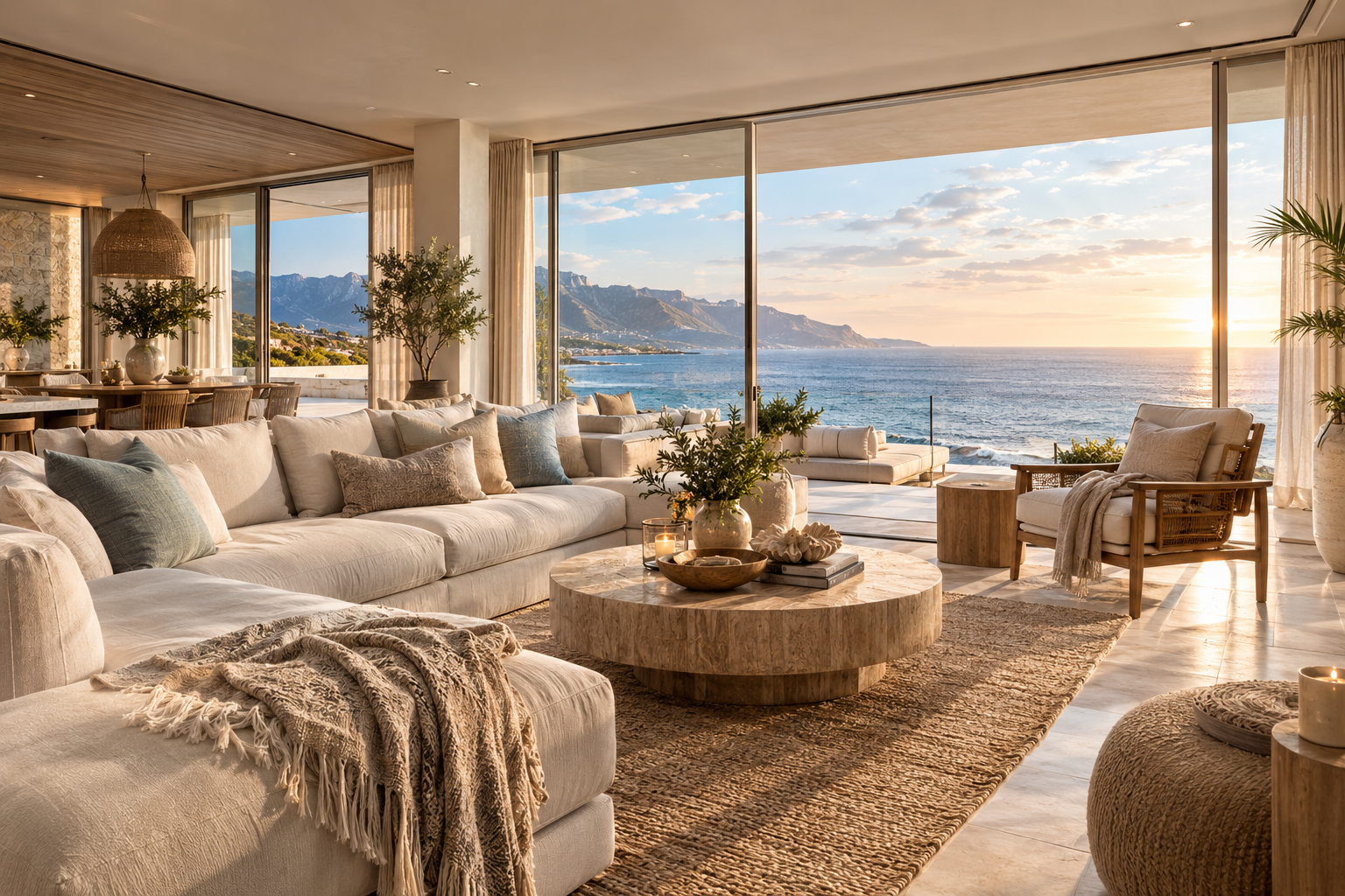 Newly generated coastal living room with natural stone, warm timber and layered neutral furnishings