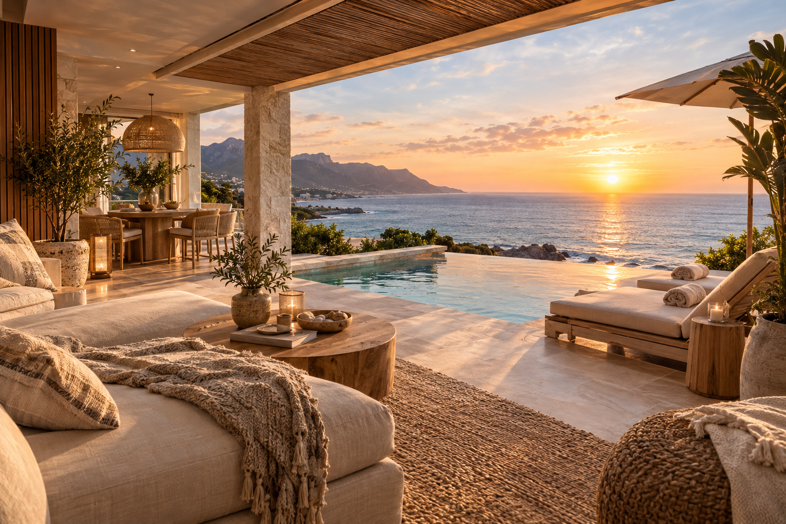 Coastal-inspired living room with natural stone, timber and soft neutral furnishings