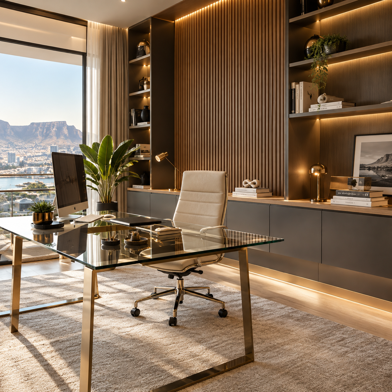 Contemporary home office with glass desk, acoustic slat panels and warm lighting
