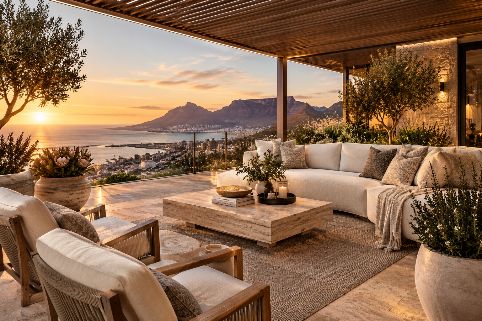 Luxury Cape Town terrace with ocean, coastal city and mountain views at sunset