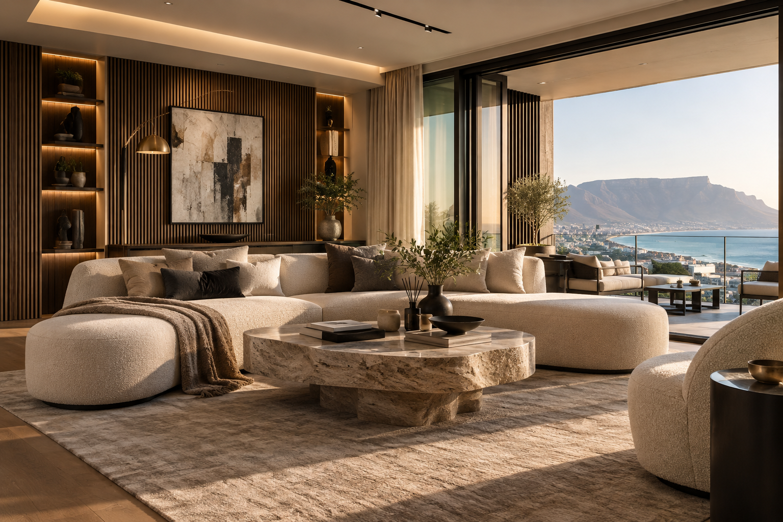 Modern luxury living room with large glazing and an ocean view