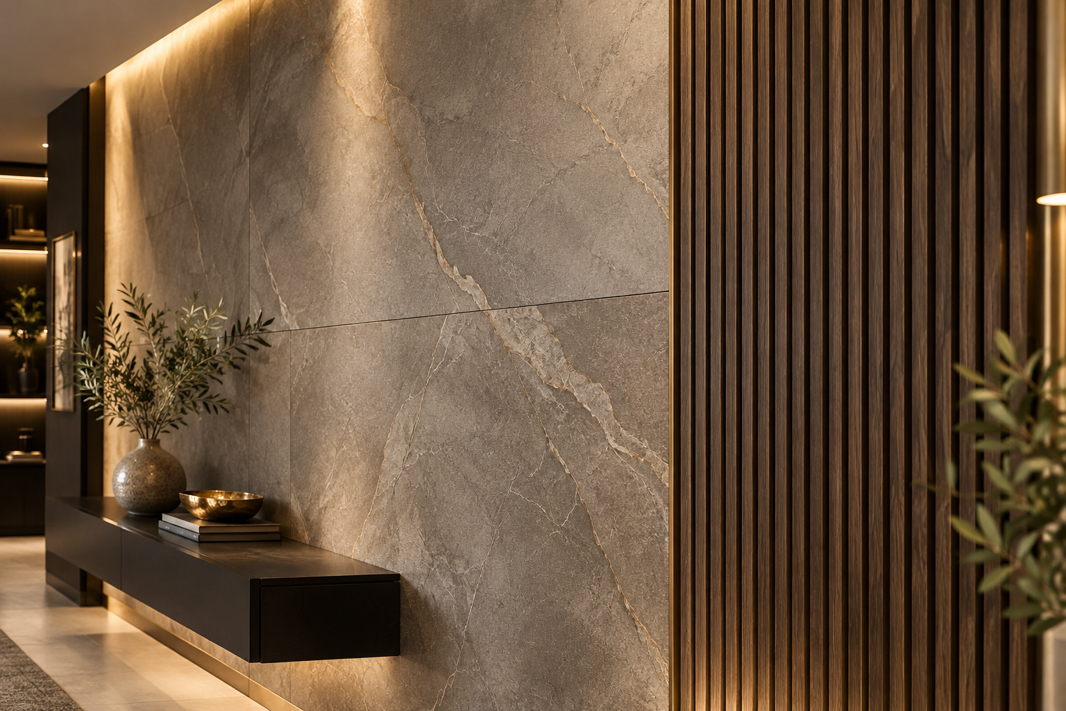 Modern media wall with vertical timber slats and integrated lighting