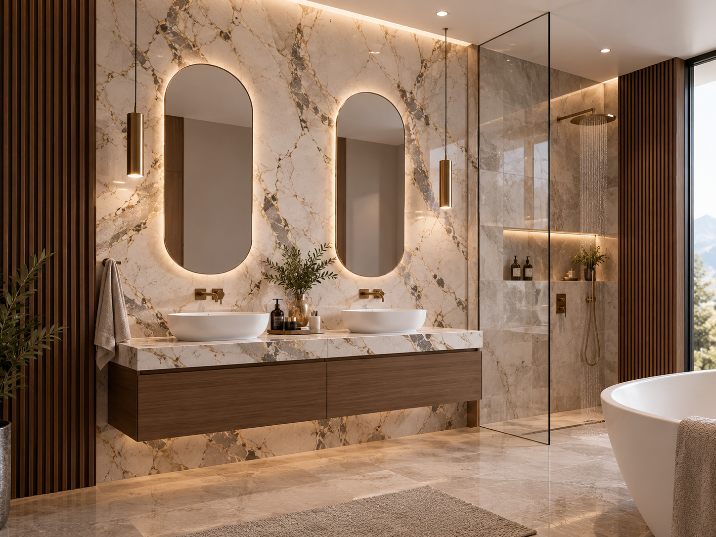 Natural white marble feature wall with grey and gold veining paired with vertical walnut fluted panels