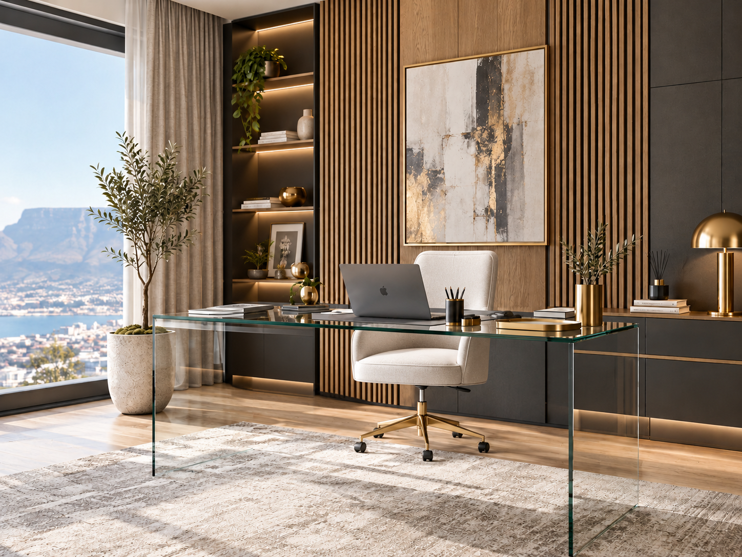 Professional workspace with glass desk and acoustic timber wall panels